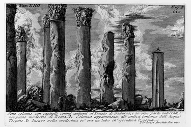 Siete columnas con capiteles corintios pertenecientes al Templo de Giuturna, y en gran parte enterradas en el plano moderno de Roma